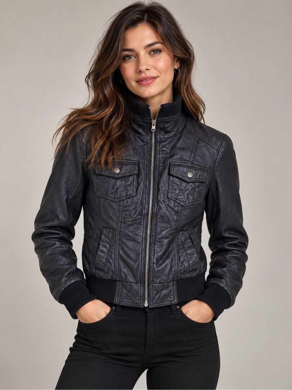 ONLY Oslo Women's Genuine Leather Bomber Jacket Black Small Moto Zip